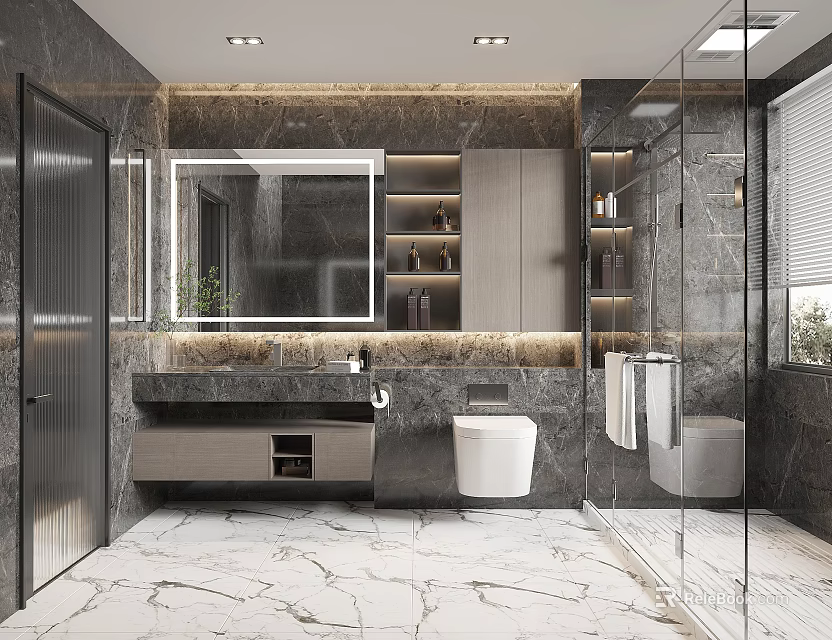 Modern Luxury Bathroom Interior Design With Marble Vanity Large Mirror Toilet And Glass Shower 3d model 