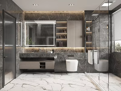 Modern Luxury Bathroom Interior Design With Marble Vanity Large Mirror Toilet And Glass Shower 3d model