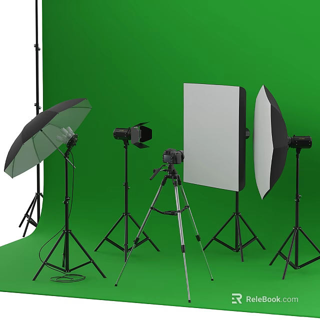 Professional Commercial Photography Equipment Setup With Lights Reflectors Tripods And Green Background 3d model 