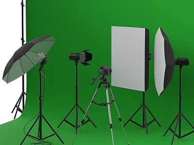 Professional Commercial Photography Equipment Setup With Lights Reflectors Tripods And Green Background 3d model