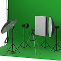 Professional Commercial Photography Equipment Setup With Lights Reflectors Tripods And Green Background