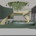 Modern Sales Office With Green Walls Curved Staircase Slide Circular Chandelier And Plant Decorations