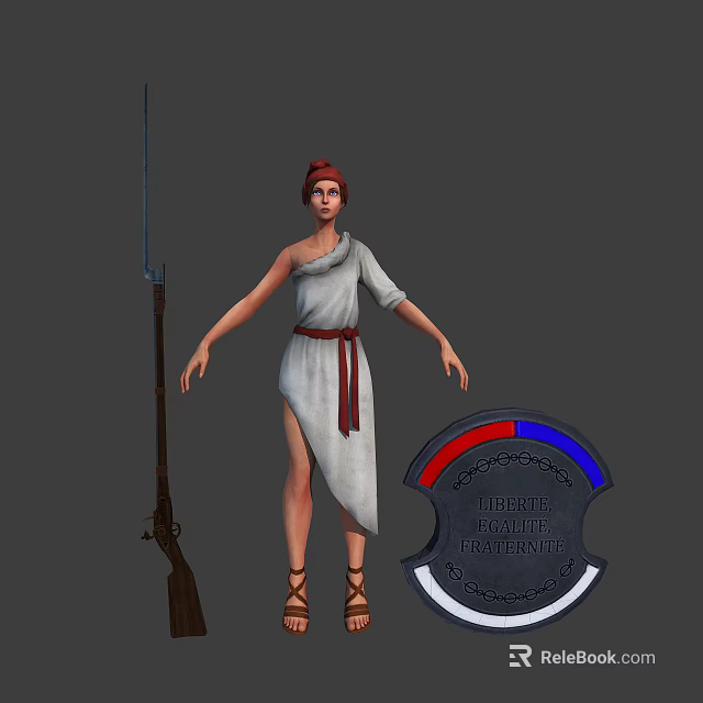 3D Fantasy Character With White Robe Red Belt And Creature Emblem Holding Spear 3d model 