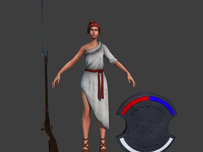 3D Fantasy Character With White Robe Red Belt And Creature Emblem Holding Spear 3d model