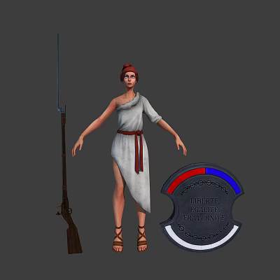 3D Fantasy Character With White Robe Red Belt And Creature Emblem Holding Spear 3d model