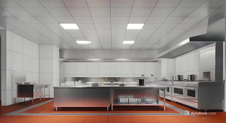 Modern Open Concept Kitchen Interior With Island Counter And Essential Kitchenware 3d model 