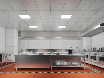 Modern Open Concept Kitchen Interior With Island Counter And Essential Kitchenware 3d model