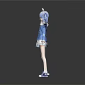 3D Game Character With Bunny Ears Light Blue Hair Denim Jacket White Dress And Blue Sneakers