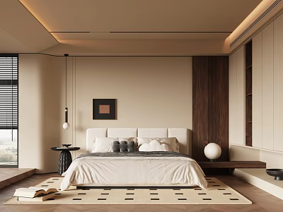 Modern Bedroom Interior With Beige Walls Wooden Accent King Size Bed And Area Rug 3d model