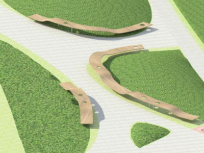 Curved Wooden Outdoor Chairs in Park with Green Grass and Pathway 3d model