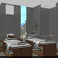 Modern Elegant SPA Interior Design With Massage Beds Wooden Cabinets And Large Windows Night View