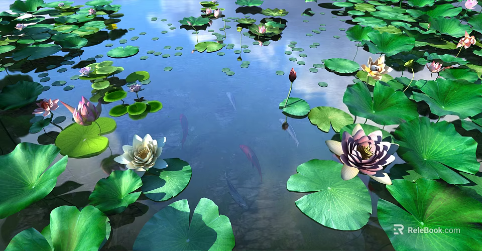Scenic Water Surface With Colorful Lotus Flowers Green Lily Pads And Swimming Fish 3d model 