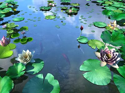 Scenic Water Surface With Colorful Lotus Flowers Green Lily Pads And Swimming Fish 3d model
