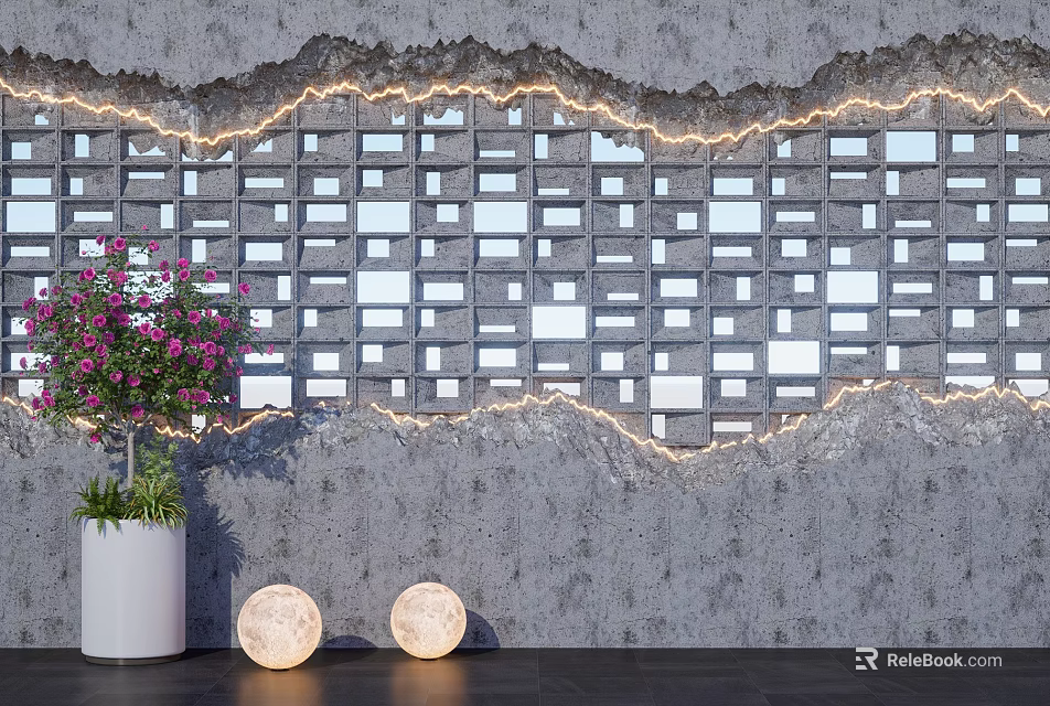 Gray Background Wall With Square Pattern Cracked Effect Pink Flowering Plant And Round Lamps 3d model 