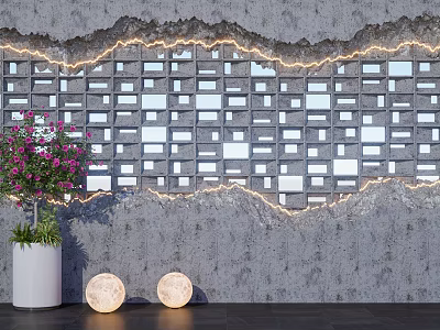 Gray Background Wall With Square Pattern Cracked Effect Pink Flowering Plant And Round Lamps 3d model