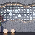 Gray Background Wall With Square Pattern Cracked Effect Pink Flowering Plant And Round Lamps