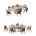 Modern Rectangular Dining Table Set With Marble Top Six Upholstered Chairs And Flower Arrangement 3d model