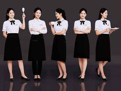 Multiple Female Service Staff In White Shirts And Black Aprons With Different Poses 3d model