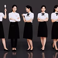 Multiple Female Service Staff In White Shirts And Black Aprons With Different Poses