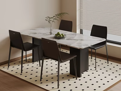 Modern Dining Table With Marble Top Black Chairs Vase And Fruit Bowl On Checkered Rug 3d model