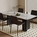 Modern Dining Table With Marble Top Black Chairs Vase And Fruit Bowl On Checkered Rug