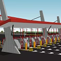 Large Highway Toll Plaza With Multiple Lanes Red Roof And Queued Vehicles