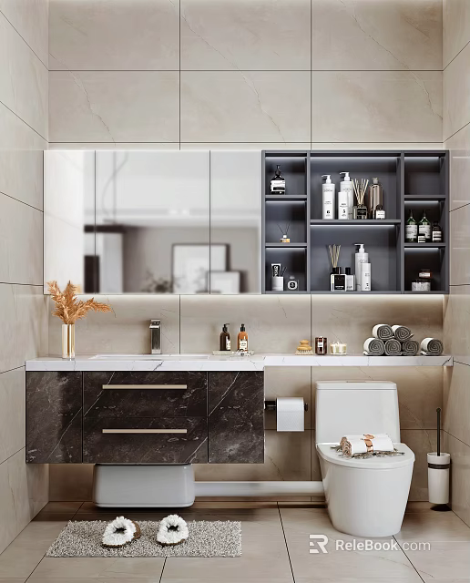 Sleek Modern Bathroom Interior Featuring Large Mirror Marble Vanity And Storage Cabinets 3d model 