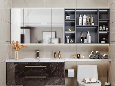 Sleek Modern Bathroom Interior Featuring Large Mirror Marble Vanity And Storage Cabinets 3d model