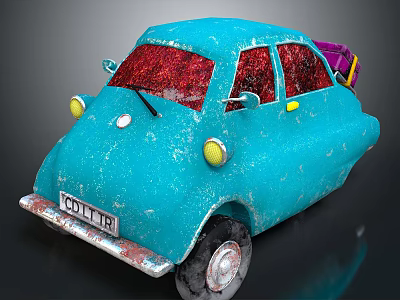Blue Small Car With Red Roof Textured Body And Black Wheels 3d model