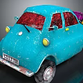Blue Small Car With Red Roof Textured Body And Black Wheels