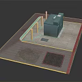 Outdoor Site Layout With Green Building Yellow Poles Gray Surface And Square Ground Patches