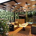 Modern Garden Landscape With Wooden Deck Metal Pergola Sofa Seating And Greenery