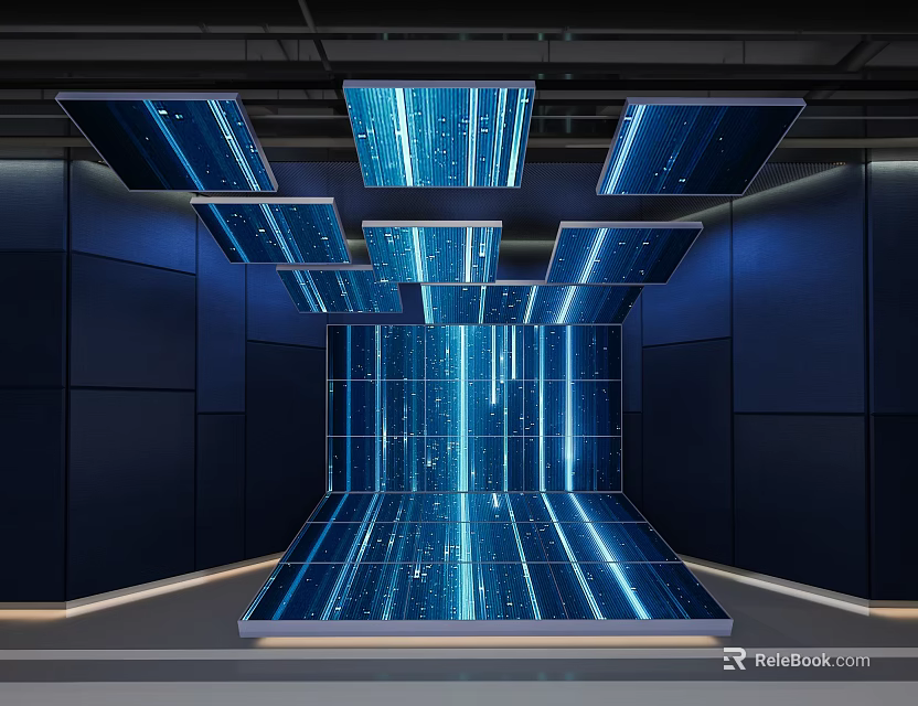 High Tech Computer Display Environment With Multiple Hanging Screens And Illuminated Floor Panels 3d model 