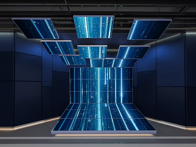 High Tech Computer Display Environment With Multiple Hanging Screens And Illuminated Floor Panels 3d model