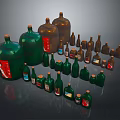 Various Glass Bottles In Different Sizes Colors With Labels On Dark Background 3d model