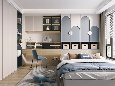 Modern Kids Room Interior With Bed Desk Blue Chair Bookshelf Storage And Whale Toy 3d model
