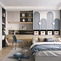 Modern Kids Room Interior With Bed Desk Blue Chair Bookshelf Storage And Whale Toy