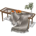Wooden Footstool Decorated With Grey Blanket Fresh Fruit Bowl And Green Plant In Vase