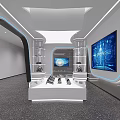 Modern Tech Display Space With White Display Stand Large Screens And Lighting Design 3d model