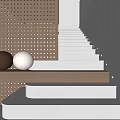 Modern Staircase With White Steps Perforated Wooden Wall Side Lights And Shelf Spheres