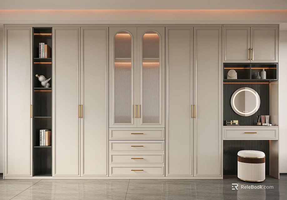 Elegant White Modern Wardrobe Design With Glass Doors Golden Handles Drawers And Mirror 3d model 
