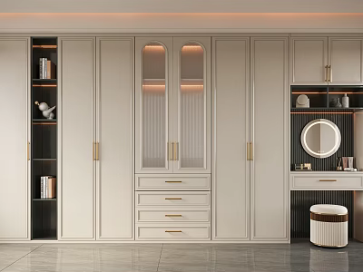 Elegant White Modern Wardrobe Design With Glass Doors Golden Handles Drawers And Mirror 3d model