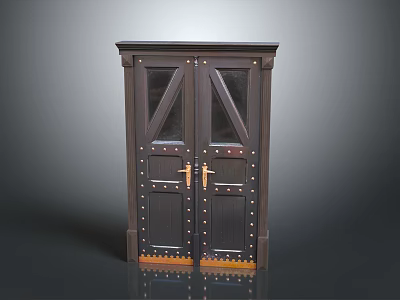 Dark Wooden Cabinet With Double Glass Doors Golden Handles And Rivet Details 3d model