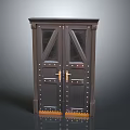 Dark Wooden Cabinet With Double Glass Doors Golden Handles And Rivet Details