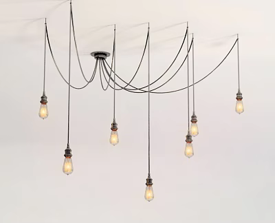 Artistic Modern Chandelier with Multiple Hanging Vintage Bulbs and Black Wires 3d model