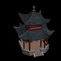 Traditional Ancient Chinese Pavilion Featuring Multi tiered Black Tiled Roof Red Pillars And Carved Windows