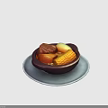 Hearty Stew with Corn Pumpkin and Meat Chunks in Dark Bowl on White Plate