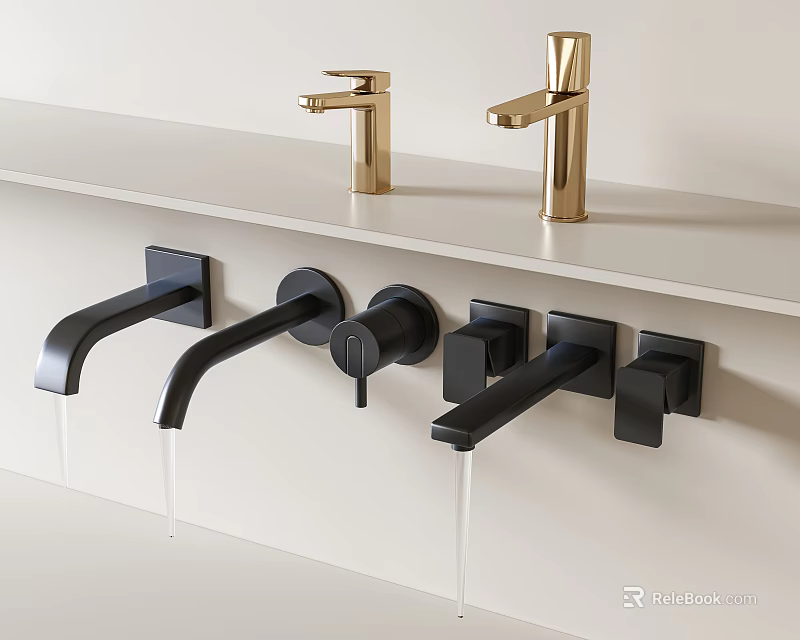 Modern Gold And Black Faucet Designs On White Countertop With Water Flow 3d model 
