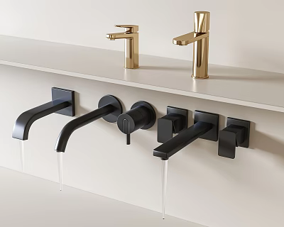 Modern Gold And Black Faucet Designs On White Countertop With Water Flow 3d model