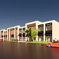 Modern Commercial Street With Symmetric Buildings Glass Entrance And Open Lawn